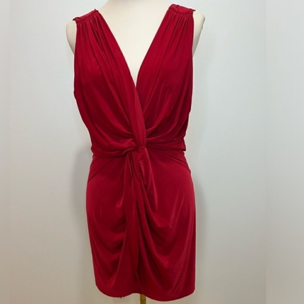 Misa LA Leza Ruched Sleeveless V-Neck Cocktail Holiday Party Mini Dress, XS Red